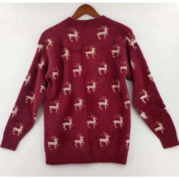 Christmas Sweater Jumper Women Sz M Red Reindeer Print Fuzzy Cozy Buttery Soft - Picture 3 of 11